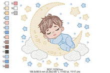 Load image into Gallery viewer, Boy sleeping in the moon embroidery design - Half moon with clouds and stars embroidery design machine embroidery pattern - instant download
