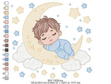 Load image into Gallery viewer, Boy sleeping in the moon embroidery design - Half moon with clouds and stars embroidery design machine embroidery pattern - instant download
