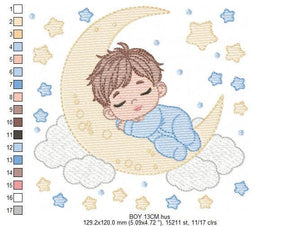 Boy sleeping in the moon embroidery design - Half moon with clouds and stars embroidery design machine embroidery pattern - instant download