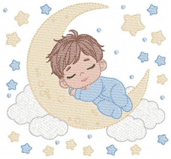 Boy sleeping in the moon embroidery design - Half moon with clouds and stars embroidery design machine embroidery pattern - instant download