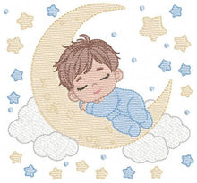 Load image into Gallery viewer, Boy sleeping in the moon embroidery design - Half moon with clouds and stars embroidery design machine embroidery pattern - instant download
