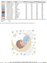 Load image into Gallery viewer, Boy sleeping in the moon embroidery design - Half moon with clouds and stars embroidery design machine embroidery pattern - instant download
