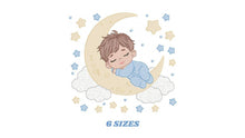 Load image into Gallery viewer, Boy sleeping in the moon embroidery design - Half moon with clouds and stars embroidery design machine embroidery pattern - instant download
