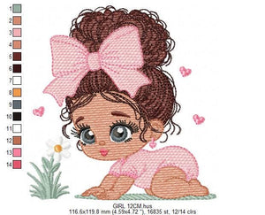 Baby Girl crawling embroidery designs - Toddler with lace and curly hair embroidery design machine embroidery pattern - instant download pes