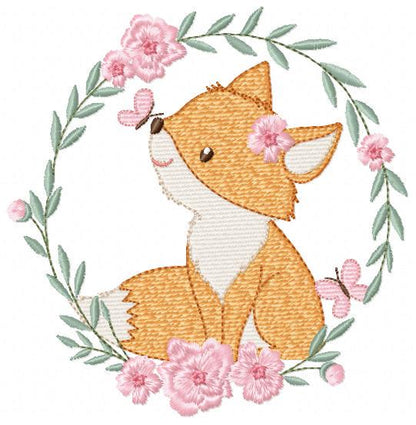 Fox with flower frame embroidery designs - Woodland Animal embroidery design machine embroidery pattern - Red fox Instant download pes jef