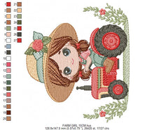 Laden Sie das Bild in den Galerie-Viewer, Girl with flower hat embroidery designs - Farmer embroidery design machine embroidery pattern - Tractor Girl embroidery - instant download
