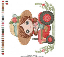 Charger l&#39;image dans la galerie, Girl with flower hat embroidery designs - Farmer embroidery design machine embroidery pattern - Tractor Girl embroidery - instant download
