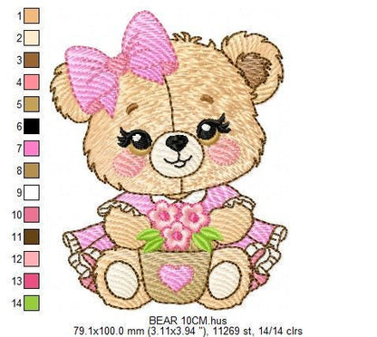 Teddy Bear embroidery designs - Baby girl embroidery design machine embroidery pattern - Bear with lace flower embroidery - instant download