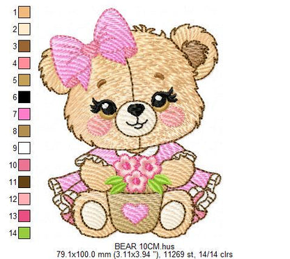 Teddy Bear embroidery designs - Baby girl embroidery design machine embroidery pattern - Bear with lace flower embroidery - instant download