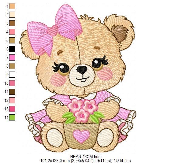 Teddy Bear embroidery designs - Baby girl embroidery design machine embroidery pattern - Bear with lace flower embroidery - instant download
