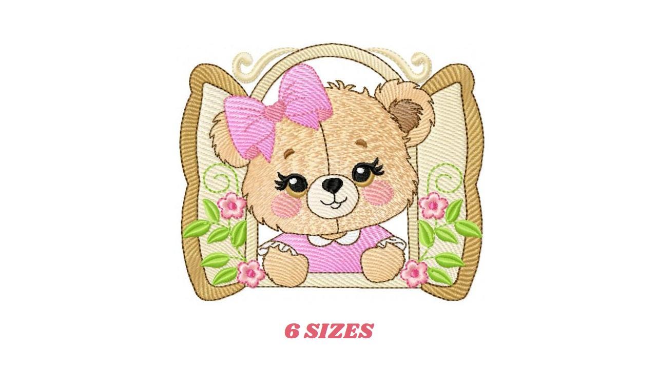 Teddy Bear at window embroidery designs - Bear with lace and flowers machine embroidery pattern - Girl embroidery file - instant download