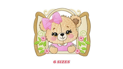 Teddy Bear at window embroidery designs - Bear with lace and flowers machine embroidery pattern - Girl embroidery file - instant download