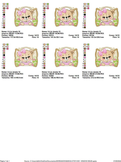 Teddy Bear at window embroidery designs - Bear with lace and flowers machine embroidery pattern - Girl embroidery file - instant download