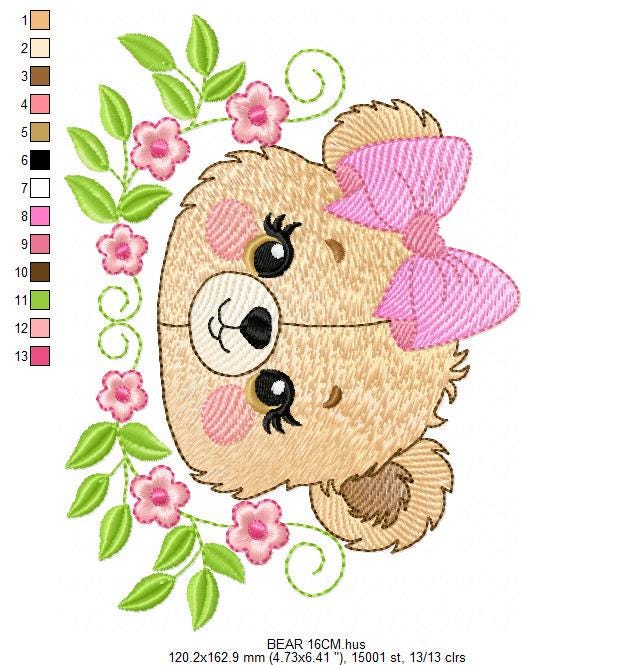 Female Bear Face with Lace embroidery designs - Teddy bear with flowers embroidery design machine embroidery pattern - instant download pes