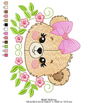 Female Bear Face with Lace embroidery designs - Teddy bear with flowers embroidery design machine embroidery pattern - instant download pes