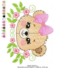 Load image into Gallery viewer, Female Bear Face with Lace embroidery designs - Teddy bear with flowers embroidery design machine embroidery pattern - instant download pes
