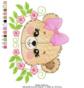 Female Bear Face with Lace embroidery designs - Teddy bear with flowers embroidery design machine embroidery pattern - instant download pes