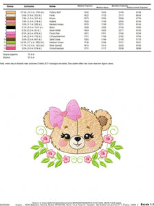 Female Bear Face with Lace embroidery designs - Teddy bear with flowers embroidery design machine embroidery pattern - instant download pes