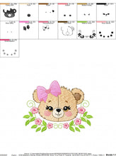 Cargar imagen en el visor de la galería, Female Bear Face with Lace embroidery designs - Teddy bear with flowers embroidery design machine embroidery pattern - instant download pes
