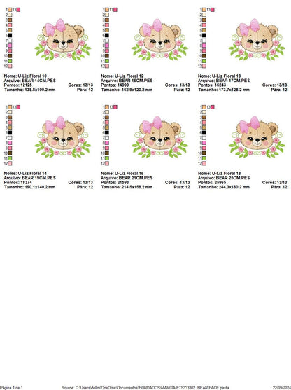 Female Bear Face with Lace embroidery designs - Teddy bear with flowers embroidery design machine embroidery pattern - instant download pes