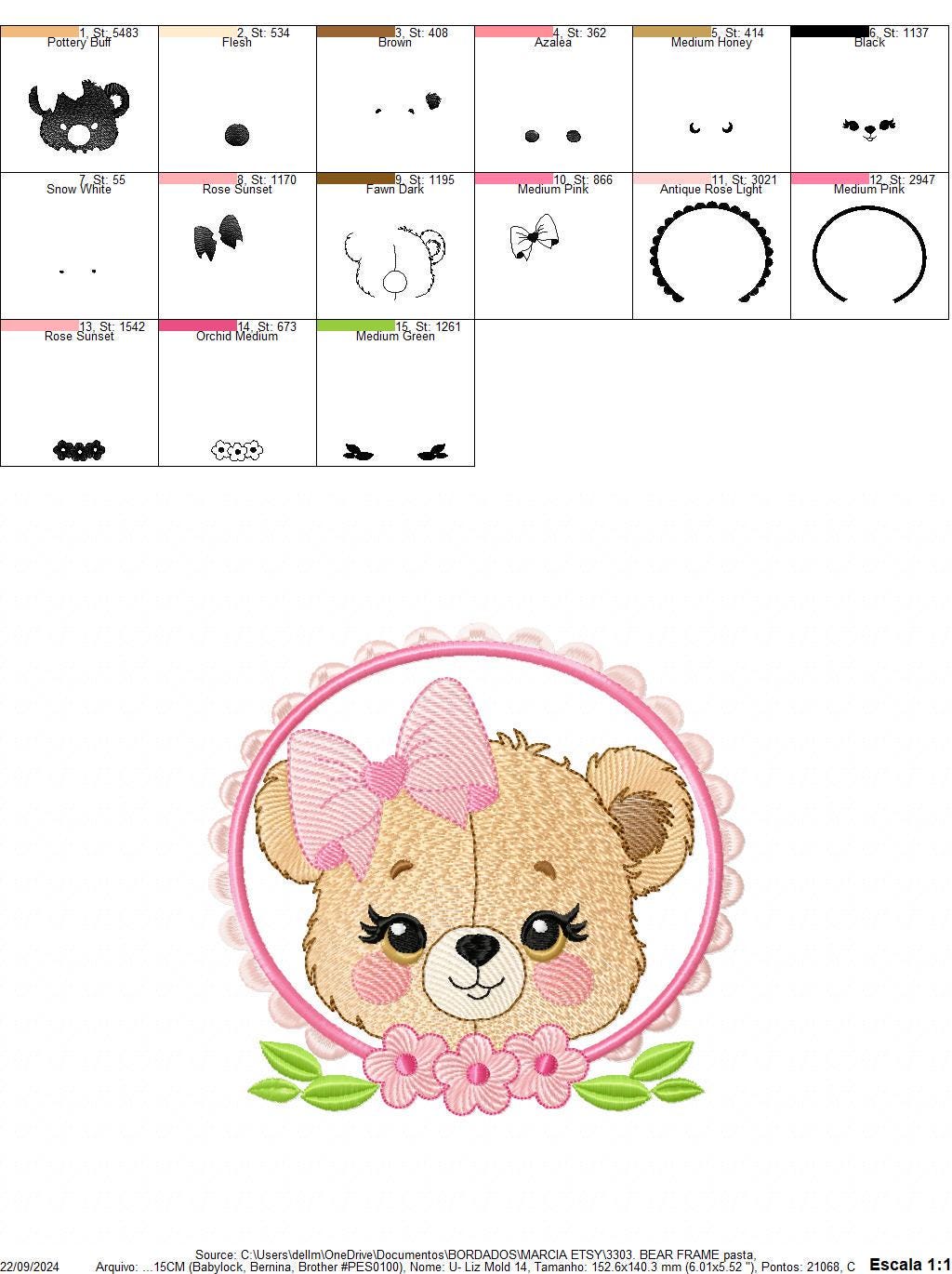 Bear face with frame and flowers embroidery designs - Teddy Bear embroidery design machine embroidery pattern - instant download pes jef dst