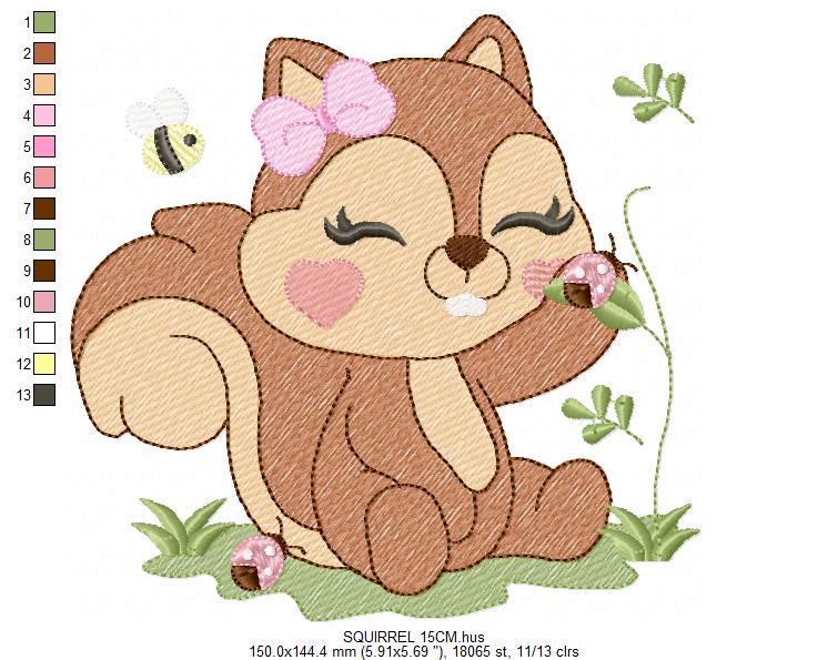 Female Squirrel with lace and bees embroidery design - Woodland Animal embroidery designs machine embroidery pattern - instant download pes
