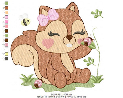 Female Squirrel with lace and bees embroidery design - Woodland Animal embroidery designs machine embroidery pattern - instant download pes
