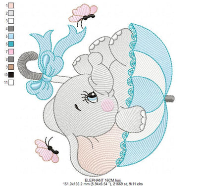 Elephant with umbrella embroidery designs - Animal with butterfly embroidery design machine embroidery pattern - instant download pes jef