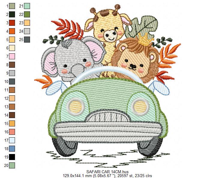 Safari animals in a car embroidery designs - Elephant Lion Giraffe embroidery design machine embroidery pattern - instant download pes jef