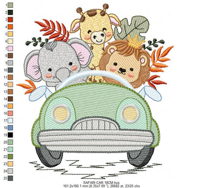 Safari animals in a car embroidery designs - Elephant Lion Giraffe embroidery design machine embroidery pattern - instant download pes jef