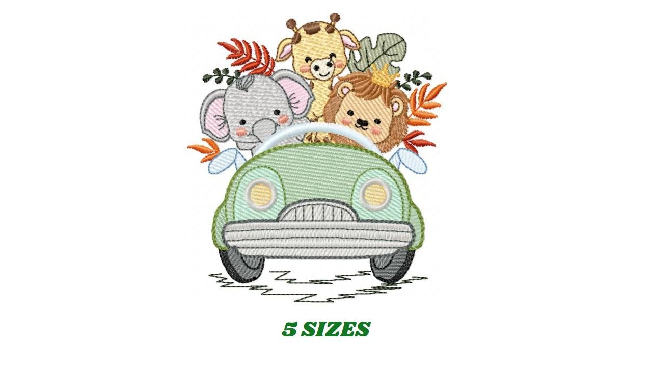 Safari animals in a car embroidery designs - Elephant Lion Giraffe embroidery design machine embroidery pattern - instant download pes jef