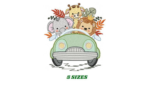 Safari animals in a car embroidery designs - Elephant Lion Giraffe embroidery design machine embroidery pattern - instant download pes jef