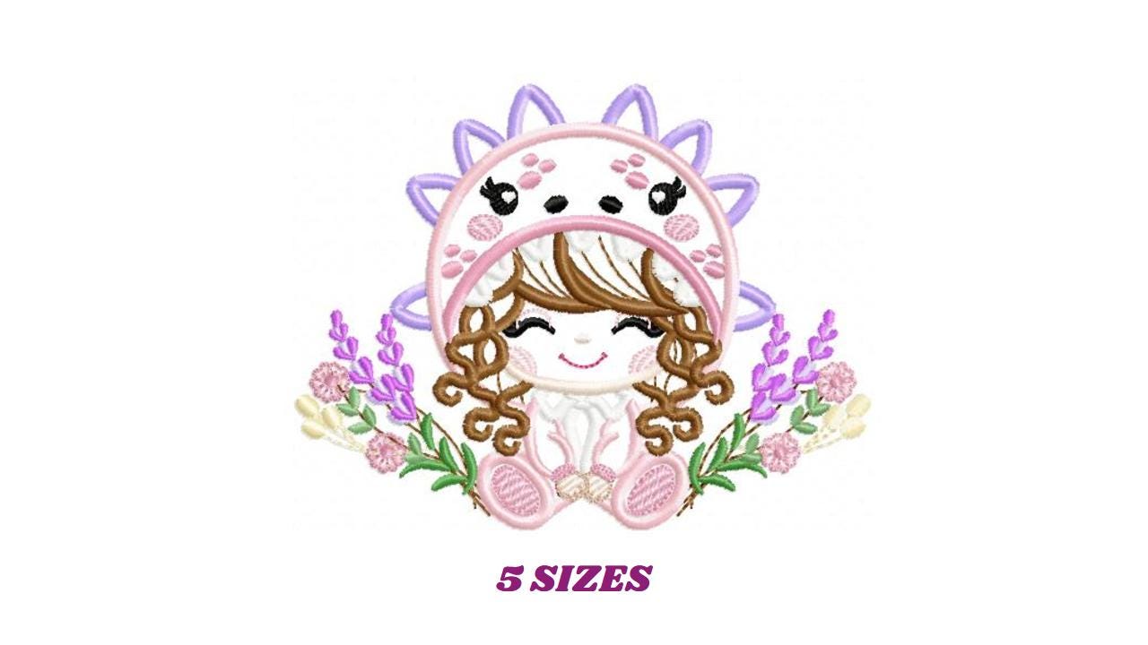 Dragon girl embroidery designs - Dinosaur embroidery design machine embroidery pattern - Girl dressed as dragon applique - instant download