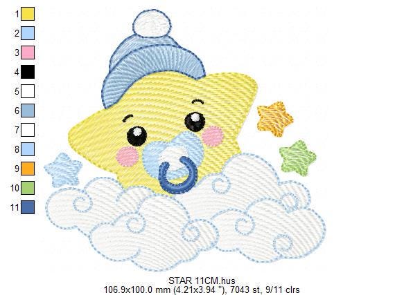 Star with cloud embroidery designs - Baby Star with pacifier and hat embroidery design machine embroidery pattern - instant download dst pes