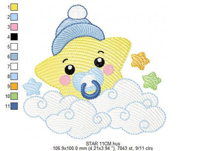 Star with cloud embroidery designs - Baby Star with pacifier and hat embroidery design machine embroidery pattern - instant download dst pes