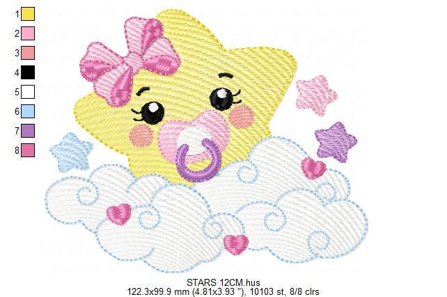 Star with cloud embroidery designs - Baby Star with pacifier and lace embroidery design machine embroidery pattern - instant download jef