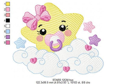 Star with cloud embroidery designs - Baby Star with pacifier and lace embroidery design machine embroidery pattern - instant download jef