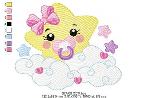 Star with cloud embroidery designs - Baby Star with pacifier and lace embroidery design machine embroidery pattern - instant download jef