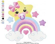 Laden Sie das Bild in den Galerie-Viewer, Star with rainbow embroidery designs - Girl Baby Star with pacifier and lace embroidery design machine embroidery pattern - instant download
