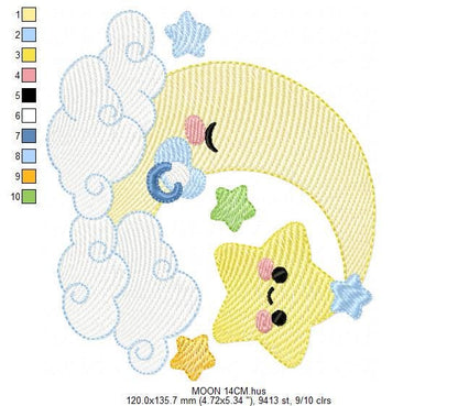 Moon with stars embroidery design - Half moon embroidery design machine embroidery pattern - Star clouds pacifier lace - instant download