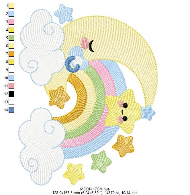 Half Moon embroidery design - Baby boy moon with rainbow and pacifier stars embroidery design machine embroidery pattern - instant download