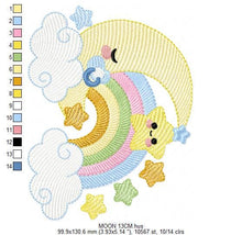 Load image into Gallery viewer, Half Moon embroidery design - Baby boy moon with rainbow and pacifier stars embroidery design machine embroidery pattern - instant download
