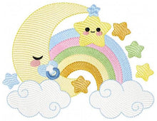 Load image into Gallery viewer, Half Moon embroidery design - Baby boy moon with rainbow and pacifier stars embroidery design machine embroidery pattern - instant download
