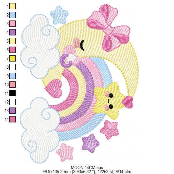Moon with rainbow embroidery design - Baby Girl Half moon with pacifier star embroidery design machine embroidery pattern - instant download