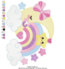 Cargar imagen en el visor de la galería, Moon with rainbow embroidery design - Baby Girl Half moon with pacifier star embroidery design machine embroidery pattern - instant download
