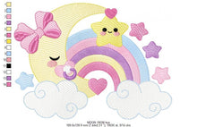 Cargar imagen en el visor de la galería, Moon with rainbow embroidery design - Baby Girl Half moon with pacifier star embroidery design machine embroidery pattern - instant download
