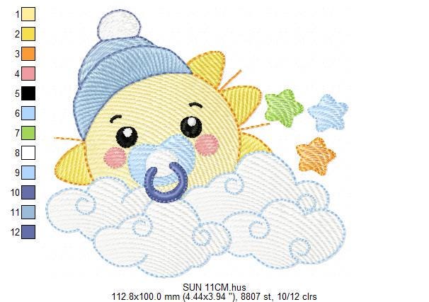 Sun with pacifier and hat embroidery design - Cloud and stars embroidery design machine embroidery pattern - instant download jef pes dst