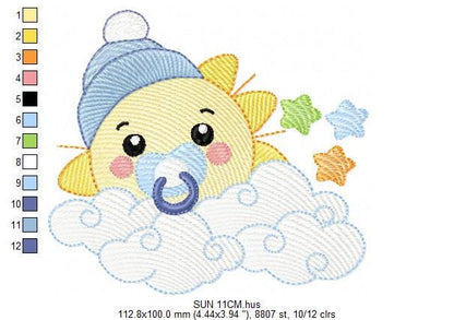 Sun with pacifier and hat embroidery design - Cloud and stars embroidery design machine embroidery pattern - instant download jef pes dst
