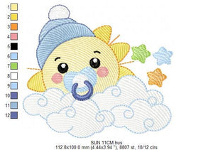 Sun with pacifier and hat embroidery design - Cloud and stars embroidery design machine embroidery pattern - instant download jef pes dst