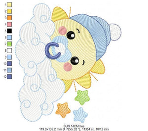 Sun with pacifier and hat embroidery design - Cloud and stars embroidery design machine embroidery pattern - instant download jef pes dst